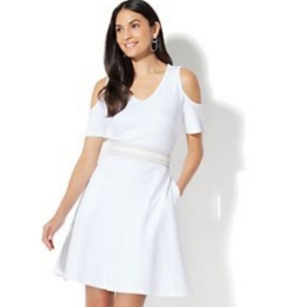 New York & Company Fit-n-Flair Cold Shoulder Dress